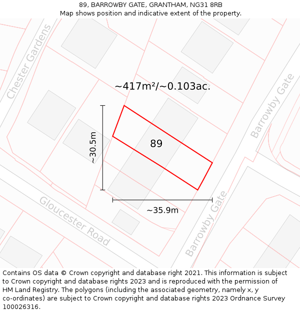 89, BARROWBY GATE, GRANTHAM, NG31 8RB: Plot and title map