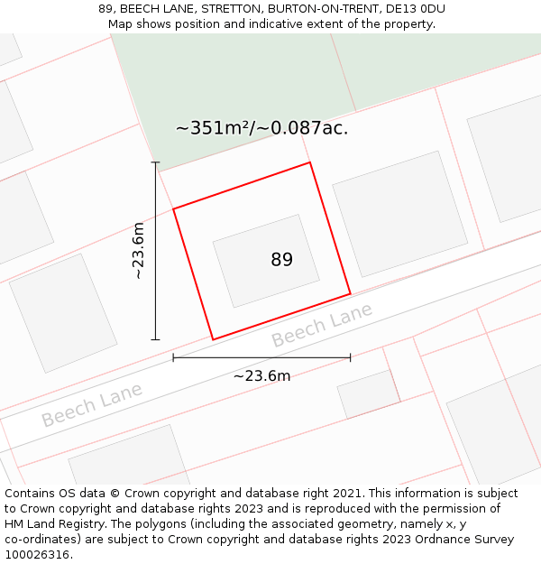 89, BEECH LANE, STRETTON, BURTON-ON-TRENT, DE13 0DU: Plot and title map