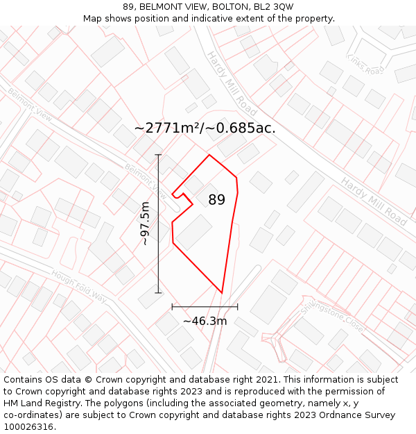 89, BELMONT VIEW, BOLTON, BL2 3QW: Plot and title map