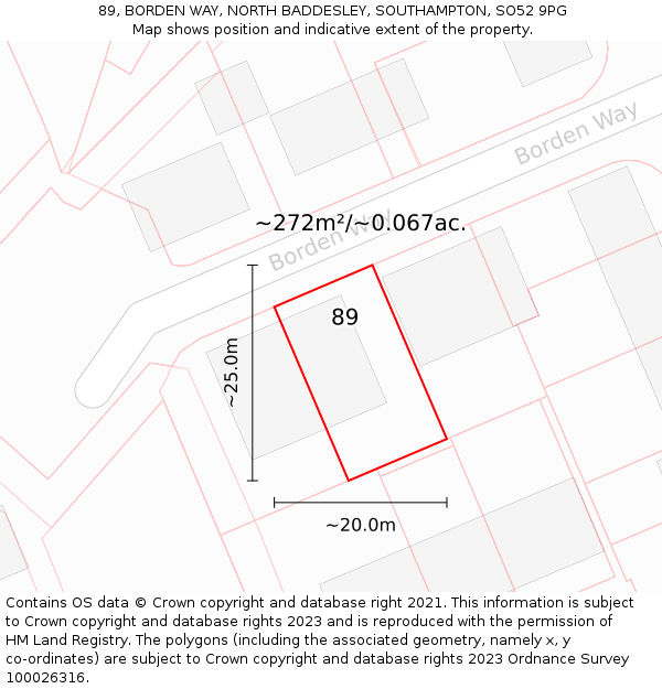 89, BORDEN WAY, NORTH BADDESLEY, SOUTHAMPTON, SO52 9PG: Plot and title map