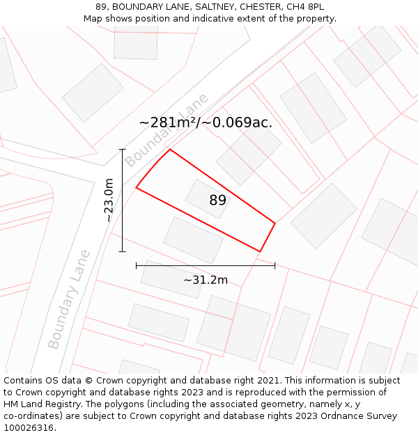 89, BOUNDARY LANE, SALTNEY, CHESTER, CH4 8PL: Plot and title map