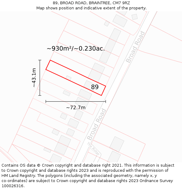 89, BROAD ROAD, BRAINTREE, CM7 9RZ: Plot and title map