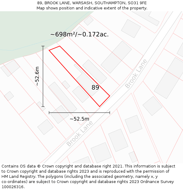 89, BROOK LANE, WARSASH, SOUTHAMPTON, SO31 9FE: Plot and title map