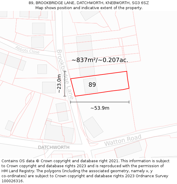 89, BROOKBRIDGE LANE, DATCHWORTH, KNEBWORTH, SG3 6SZ: Plot and title map