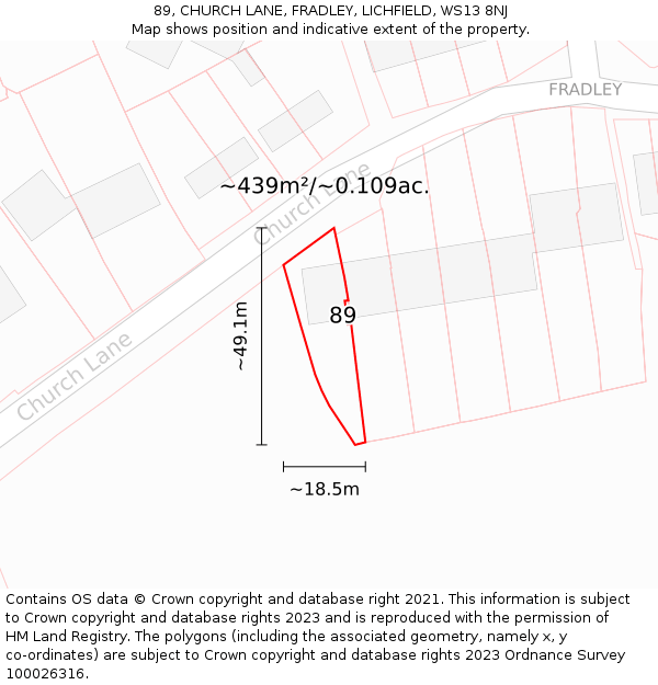 89, CHURCH LANE, FRADLEY, LICHFIELD, WS13 8NJ: Plot and title map