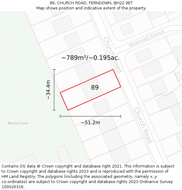 89, CHURCH ROAD, FERNDOWN, BH22 9ET: Plot and title map