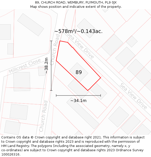 89, CHURCH ROAD, WEMBURY, PLYMOUTH, PL9 0JX: Plot and title map