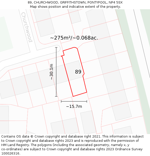 89, CHURCHWOOD, GRIFFITHSTOWN, PONTYPOOL, NP4 5SX: Plot and title map