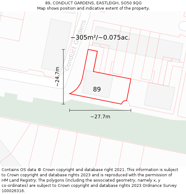 89, CONDUCT GARDENS, EASTLEIGH, SO50 9QG: Plot and title map