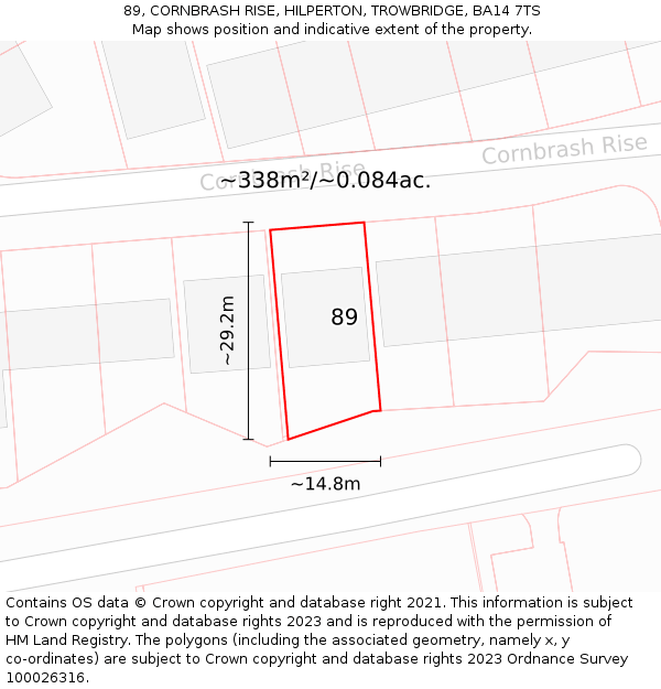 89, CORNBRASH RISE, HILPERTON, TROWBRIDGE, BA14 7TS: Plot and title map