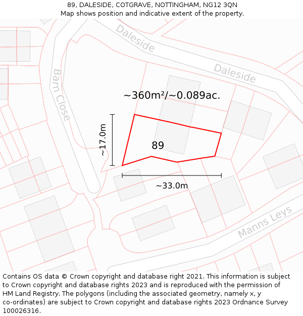 89, DALESIDE, COTGRAVE, NOTTINGHAM, NG12 3QN: Plot and title map