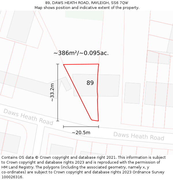 89, DAWS HEATH ROAD, RAYLEIGH, SS6 7QW: Plot and title map