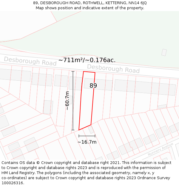 89, DESBOROUGH ROAD, ROTHWELL, KETTERING, NN14 6JQ: Plot and title map