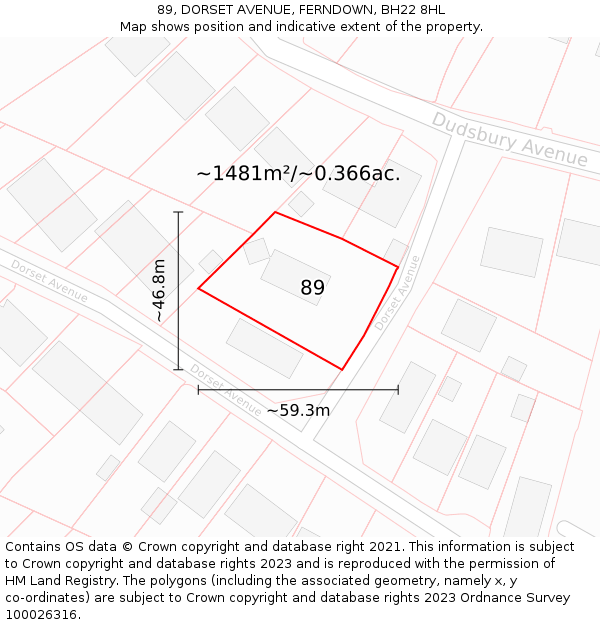 89, DORSET AVENUE, FERNDOWN, BH22 8HL: Plot and title map