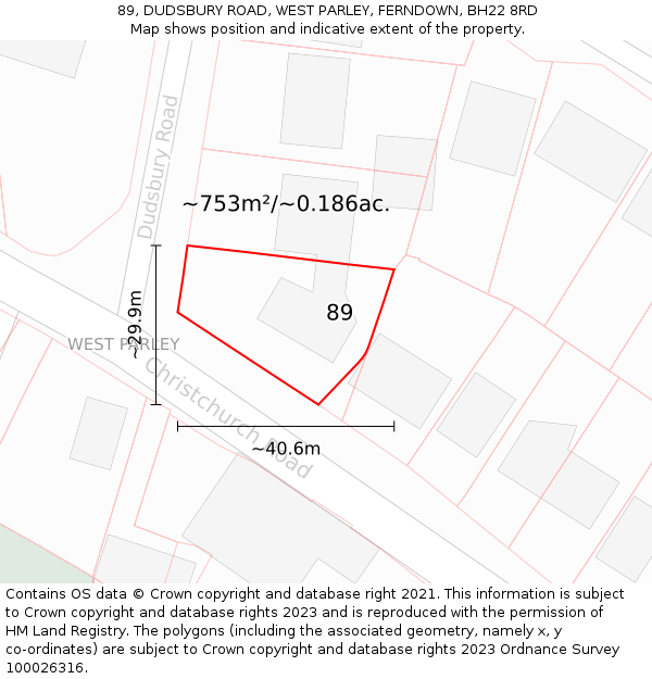 89, DUDSBURY ROAD, WEST PARLEY, FERNDOWN, BH22 8RD: Plot and title map