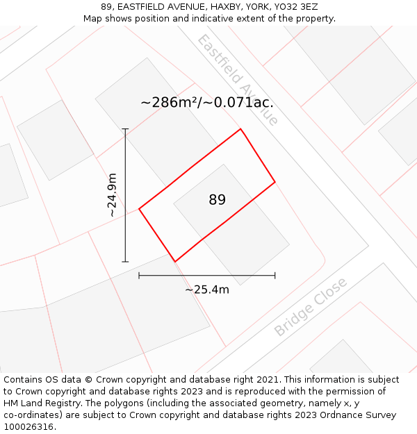 89, EASTFIELD AVENUE, HAXBY, YORK, YO32 3EZ: Plot and title map