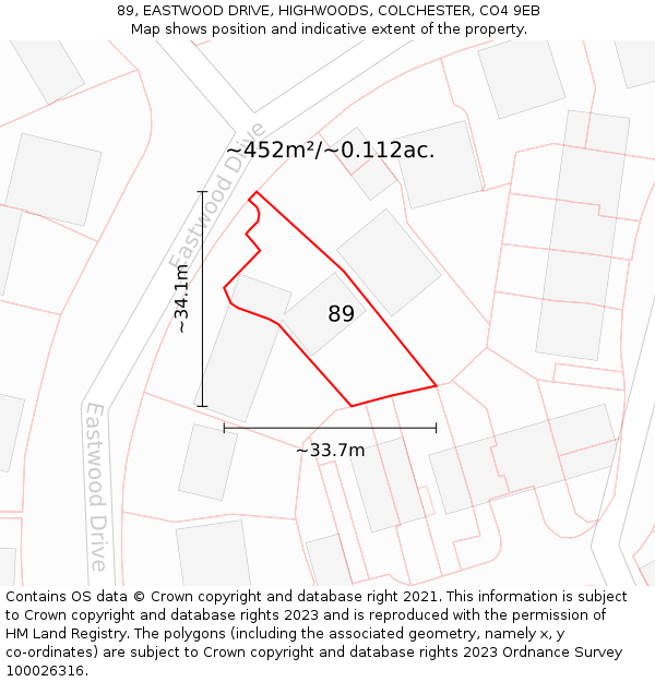 89, EASTWOOD DRIVE, HIGHWOODS, COLCHESTER, CO4 9EB: Plot and title map