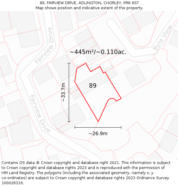 89, FAIRVIEW DRIVE, ADLINGTON, CHORLEY, PR6 9ST: Plot and title map