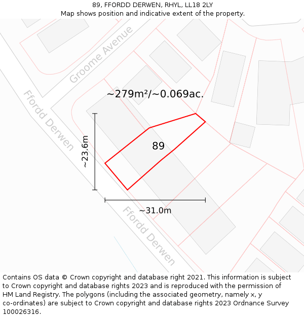 89, FFORDD DERWEN, RHYL, LL18 2LY: Plot and title map