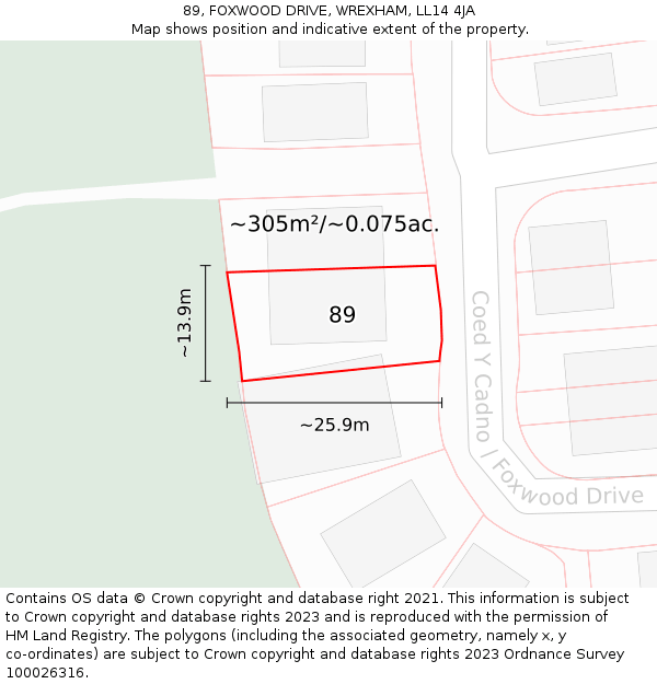 89, FOXWOOD DRIVE, WREXHAM, LL14 4JA: Plot and title map