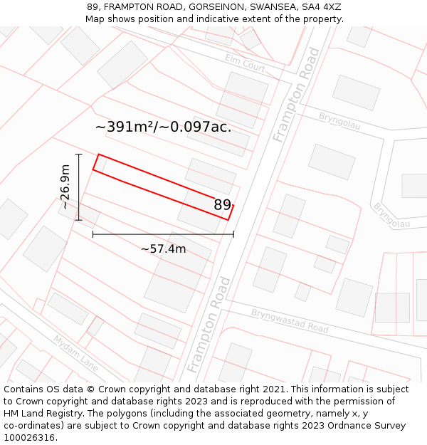 89, FRAMPTON ROAD, GORSEINON, SWANSEA, SA4 4XZ: Plot and title map