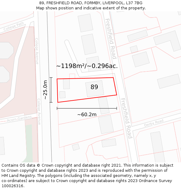 89, FRESHFIELD ROAD, FORMBY, LIVERPOOL, L37 7BG: Plot and title map