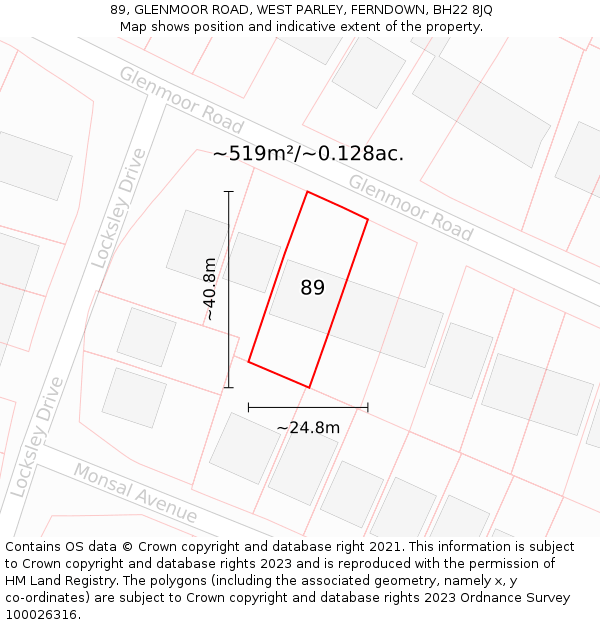 89, GLENMOOR ROAD, WEST PARLEY, FERNDOWN, BH22 8JQ: Plot and title map