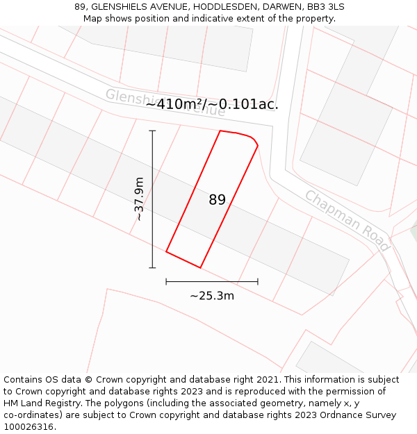 89, GLENSHIELS AVENUE, HODDLESDEN, DARWEN, BB3 3LS: Plot and title map