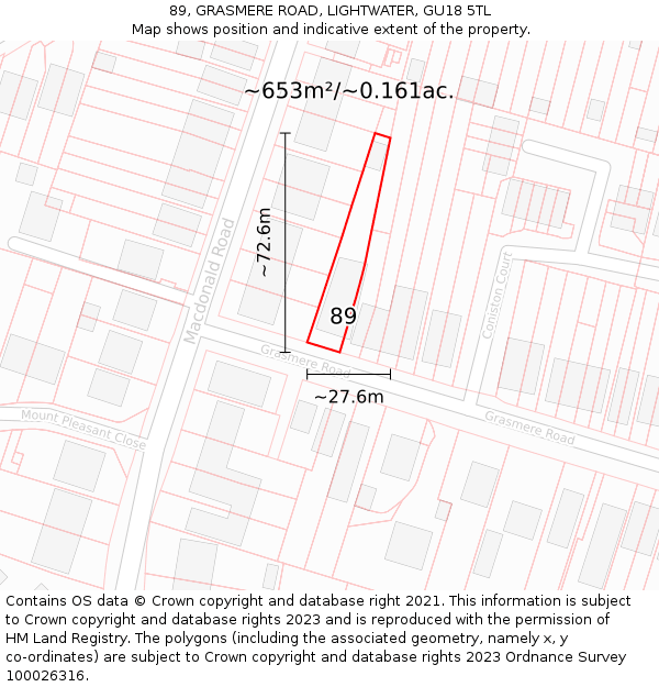 89, GRASMERE ROAD, LIGHTWATER, GU18 5TL: Plot and title map