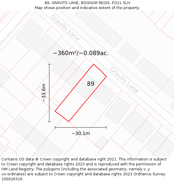 89, GRAVITS LANE, BOGNOR REGIS, PO21 5LN: Plot and title map