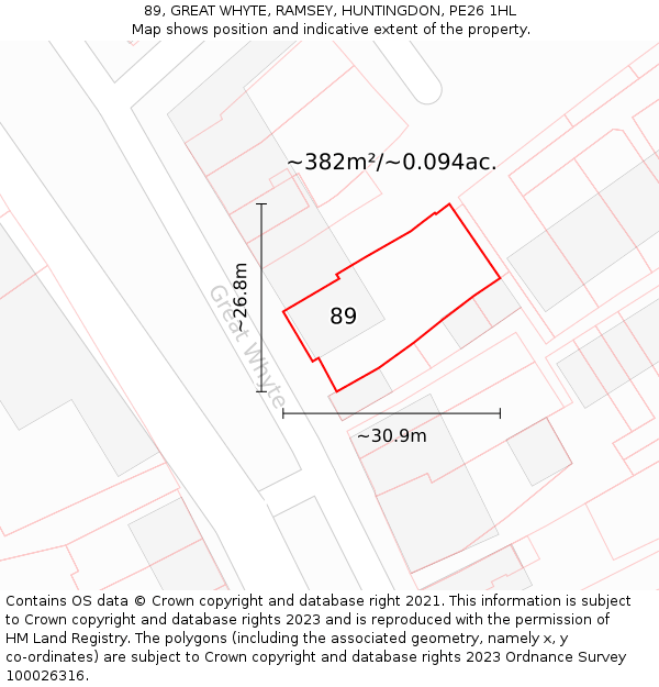 89, GREAT WHYTE, RAMSEY, HUNTINGDON, PE26 1HL: Plot and title map