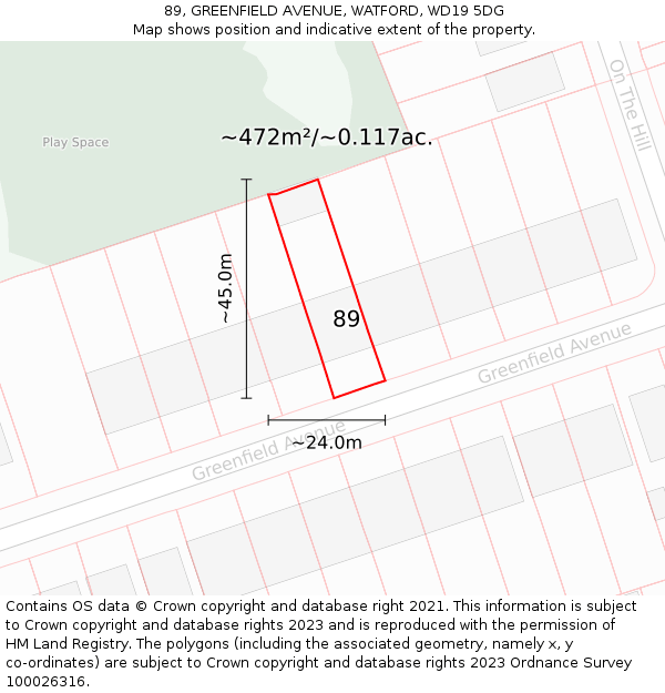 89, GREENFIELD AVENUE, WATFORD, WD19 5DG: Plot and title map