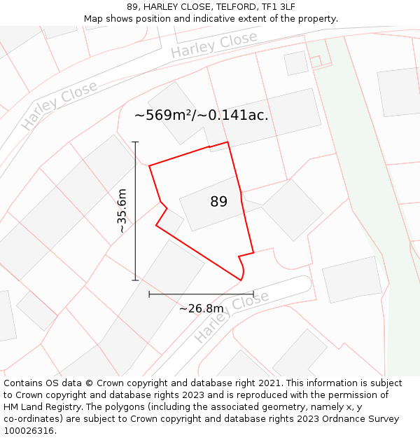 89, HARLEY CLOSE, TELFORD, TF1 3LF: Plot and title map