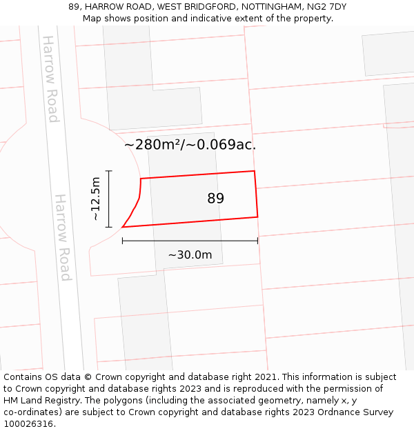 89, HARROW ROAD, WEST BRIDGFORD, NOTTINGHAM, NG2 7DY: Plot and title map