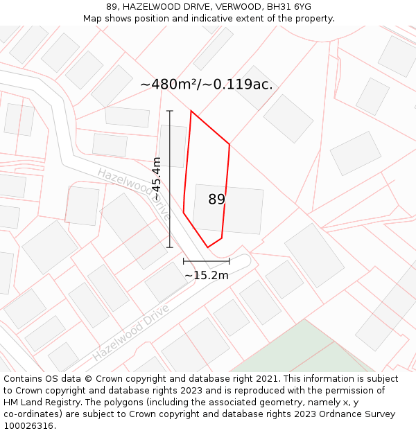 89, HAZELWOOD DRIVE, VERWOOD, BH31 6YG: Plot and title map