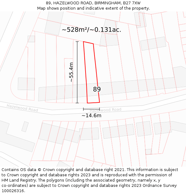 89, HAZELWOOD ROAD, BIRMINGHAM, B27 7XW: Plot and title map