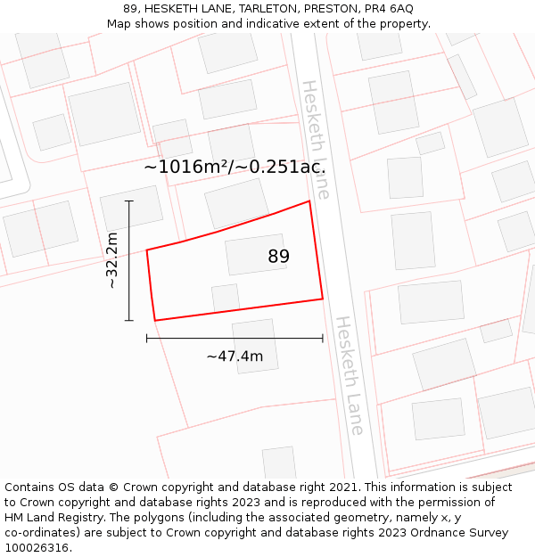 89, HESKETH LANE, TARLETON, PRESTON, PR4 6AQ: Plot and title map