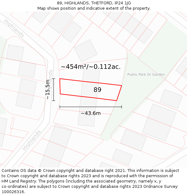 89, HIGHLANDS, THETFORD, IP24 1JG: Plot and title map