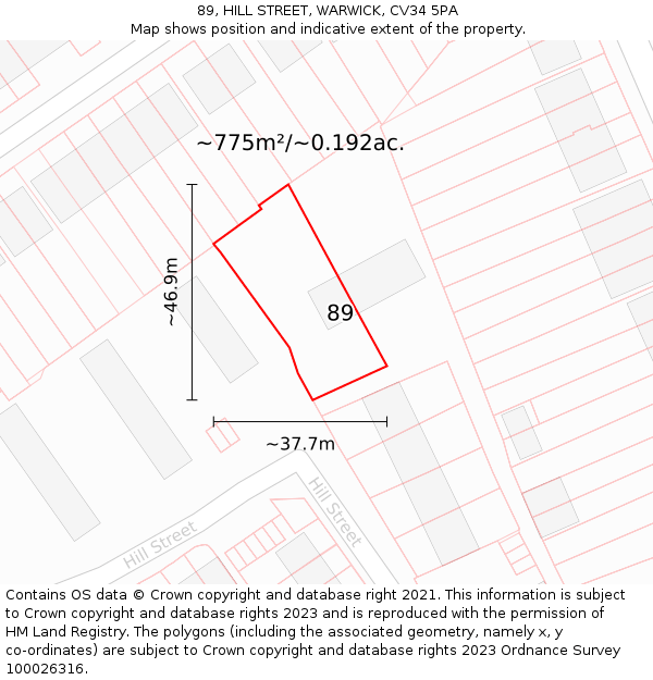 89, HILL STREET, WARWICK, CV34 5PA: Plot and title map