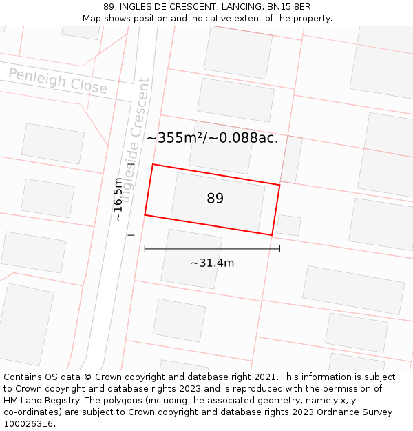 89, INGLESIDE CRESCENT, LANCING, BN15 8ER: Plot and title map