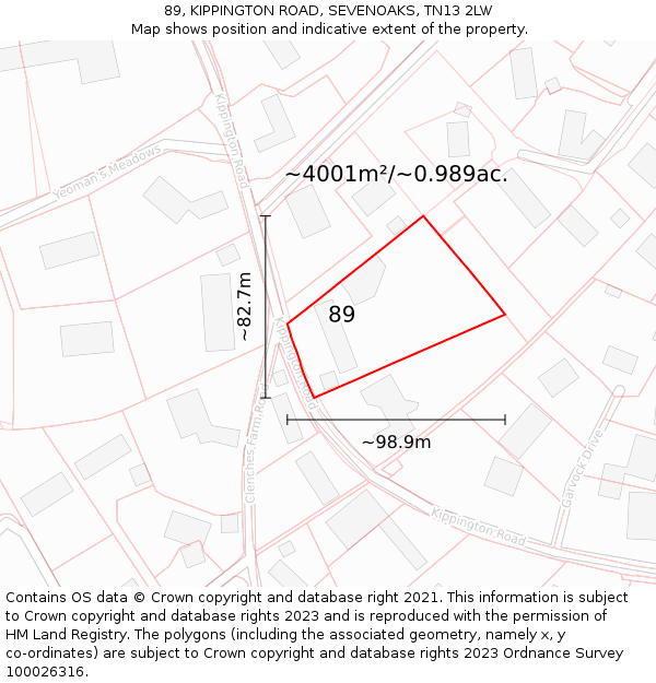 89, KIPPINGTON ROAD, SEVENOAKS, TN13 2LW: Plot and title map