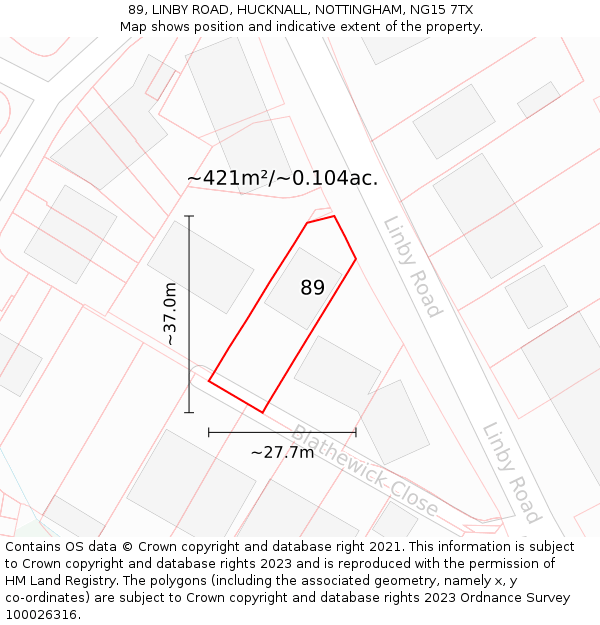 89, LINBY ROAD, HUCKNALL, NOTTINGHAM, NG15 7TX: Plot and title map