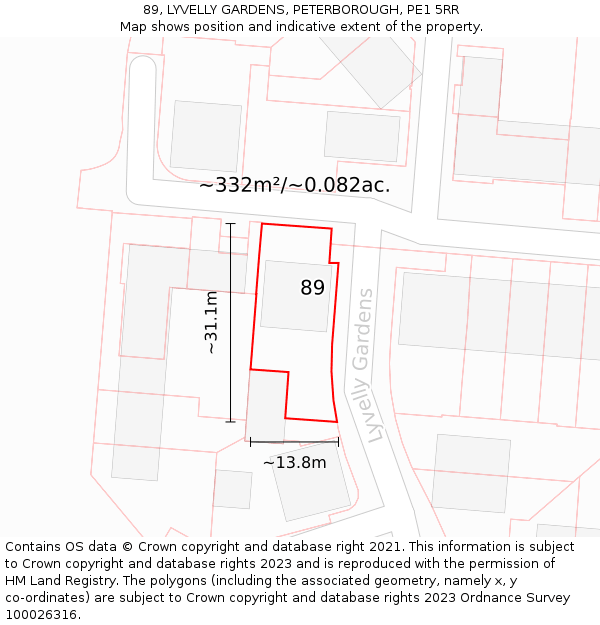 89, LYVELLY GARDENS, PETERBOROUGH, PE1 5RR: Plot and title map