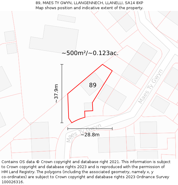 89, MAES TY GWYN, LLANGENNECH, LLANELLI, SA14 8XP: Plot and title map