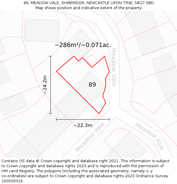 89, MEADOW VALE, SHIREMOOR, NEWCASTLE UPON TYNE, NE27 0BD: Plot and title map