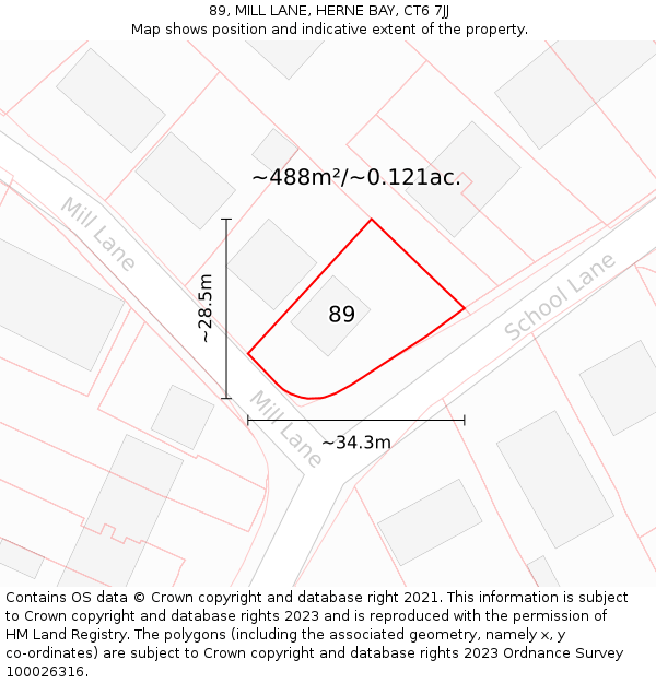 89, MILL LANE, HERNE BAY, CT6 7JJ: Plot and title map