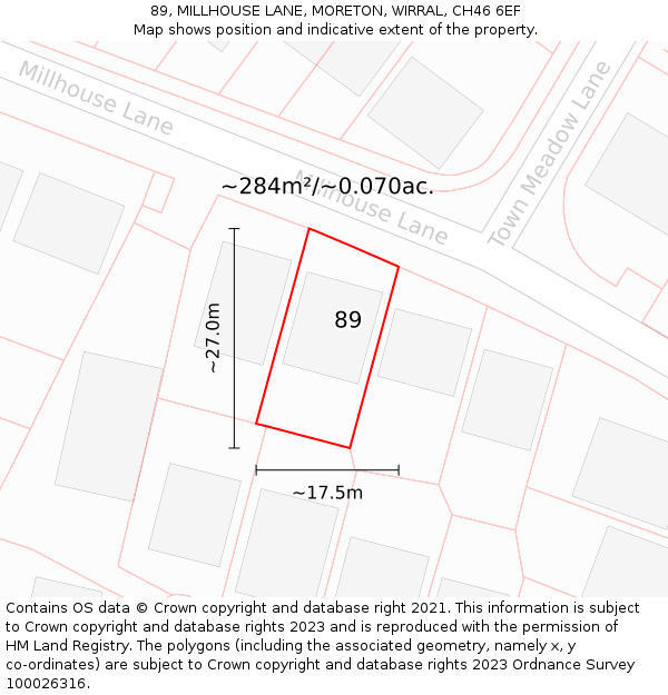 89, MILLHOUSE LANE, MORETON, WIRRAL, CH46 6EF: Plot and title map