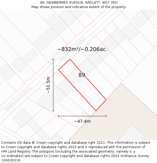 89, NEWBERRIES AVENUE, RADLETT, WD7 7EN: Plot and title map