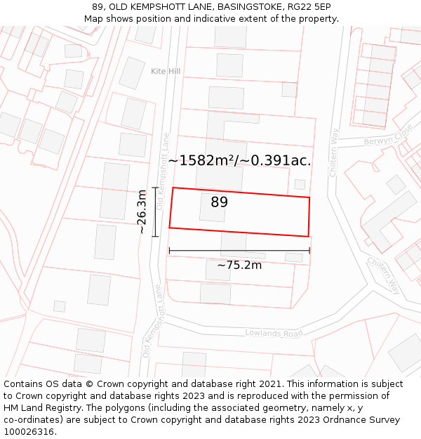 89, OLD KEMPSHOTT LANE, BASINGSTOKE, RG22 5EP: Plot and title map