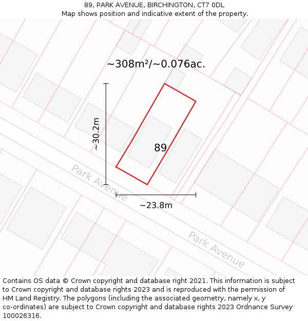 89, PARK AVENUE, BIRCHINGTON, CT7 0DL: Plot and title map